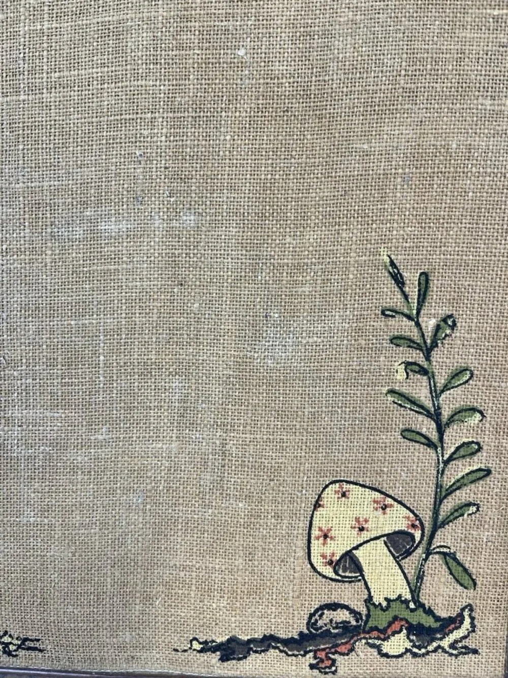 Vintage Retro Mushroom Bulletin Memo Board Burlap Framed Wall Hanging